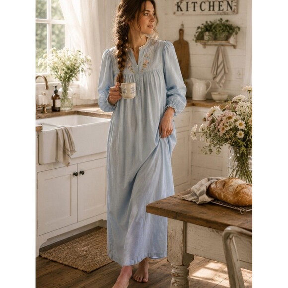 Vtg 70s Sears Blue Fleece Nightgown Embroidered Floral Prairie Lounge S/M